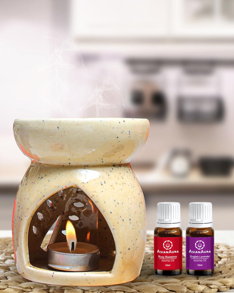 Asian Aura Ceramic T-Light Candle Diffuser| Aromatherapy Bliss with 2 10 ml Aroma Oil Fragrance Rosy Romance & English Lavender 1 Tea Light Candle|Aroma Oil Burner |Home Fragrance |Home Decor| Brown - Image 1