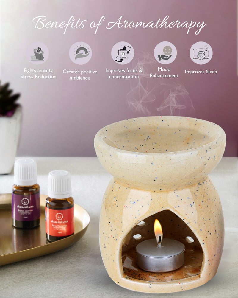 Asian Aura Ceramic T-Light Candle Diffuser| Aromatherapy Bliss with 2 10 ml Aroma Oil Fragrance Rosy Romance & English Lavender 1 Tea Light Candle|Aroma Oil Burner |Home Fragrance |Home Decor| Brown - Image 3
