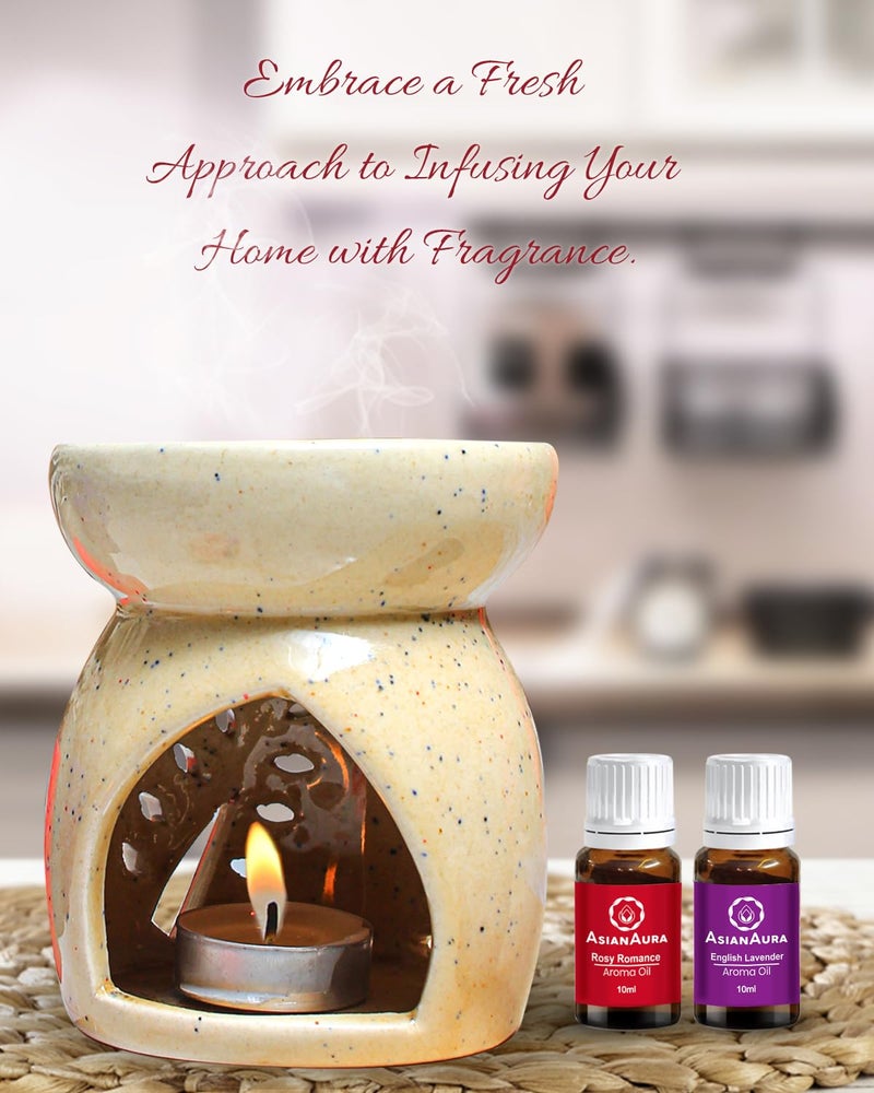 Asian Aura Ceramic T-Light Candle Diffuser| Aromatherapy Bliss with 2 10 ml Aroma Oil Fragrance Rosy Romance & English Lavender 1 Tea Light Candle|Aroma Oil Burner |Home Fragrance |Home Decor| Brown - Image 2