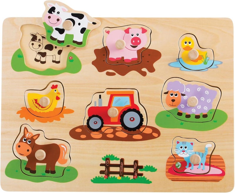 Lelin Farm Peg Puzzle with Animals and Tractor - 8 Pieces - Image 1