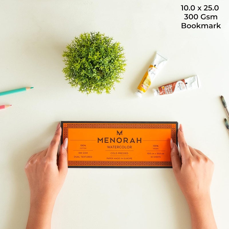 MENORAH – Watercolor Loose Paper / Pad -300 gsm-100% Cotton Sketchbook - BOOKMARK-Size (10.0 cm x 25.0 cm)-(20 Sheets / 40 Pages) – DIY Bookmark - Dual Texture Watercolour Loose Sheets- Acrylic, Gouache, Water color, Tempera, Pen Art, Mandala- Glued End Pad - Image 2