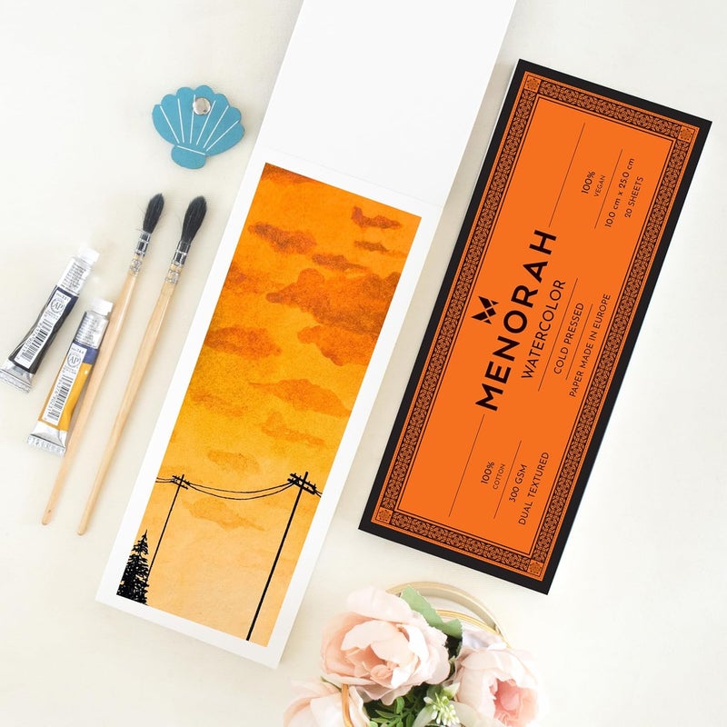MENORAH – Watercolor Loose Paper / Pad -300 gsm-100% Cotton Sketchbook - BOOKMARK-Size (10.0 cm x 25.0 cm)-(20 Sheets / 40 Pages) – DIY Bookmark - Dual Texture Watercolour Loose Sheets- Acrylic, Gouache, Water color, Tempera, Pen Art, Mandala- Glued End Pad - Image 1