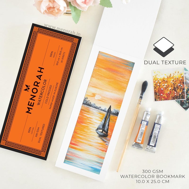 MENORAH – Watercolor Loose Paper / Pad -300 gsm-100% Cotton Sketchbook - BOOKMARK-Size (10.0 cm x 25.0 cm)-(20 Sheets / 40 Pages) – DIY Bookmark - Dual Texture Watercolour Loose Sheets- Acrylic, Gouache, Water color, Tempera, Pen Art, Mandala- Glued End Pad - Image 5