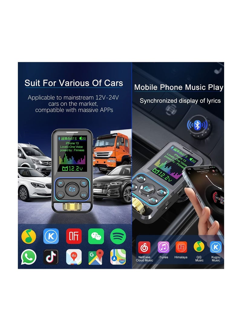 Bluetooth Car Adapter 5.3 FM Transmitter for HD Lossless Sound Quality EQ QC3.0 PD3.0 Fast Charge Microphone