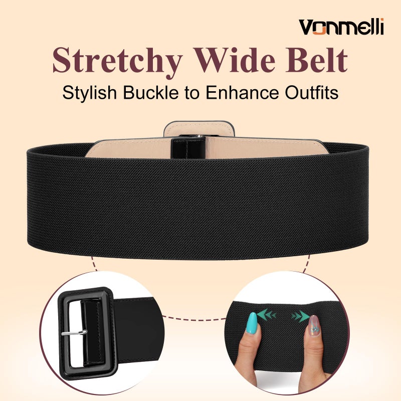 VONMELLI Stretchy Wide Women Belts Elastic Vinatge Black Belts for Women Fashion Ladies Waist Belt for Dress, M - Image 2