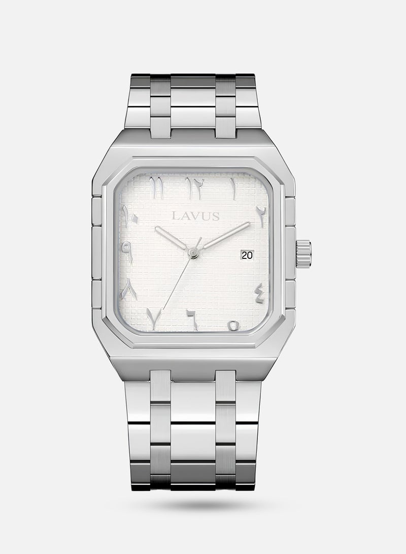 Men's watch, steel, Arabic numerals, silver and white