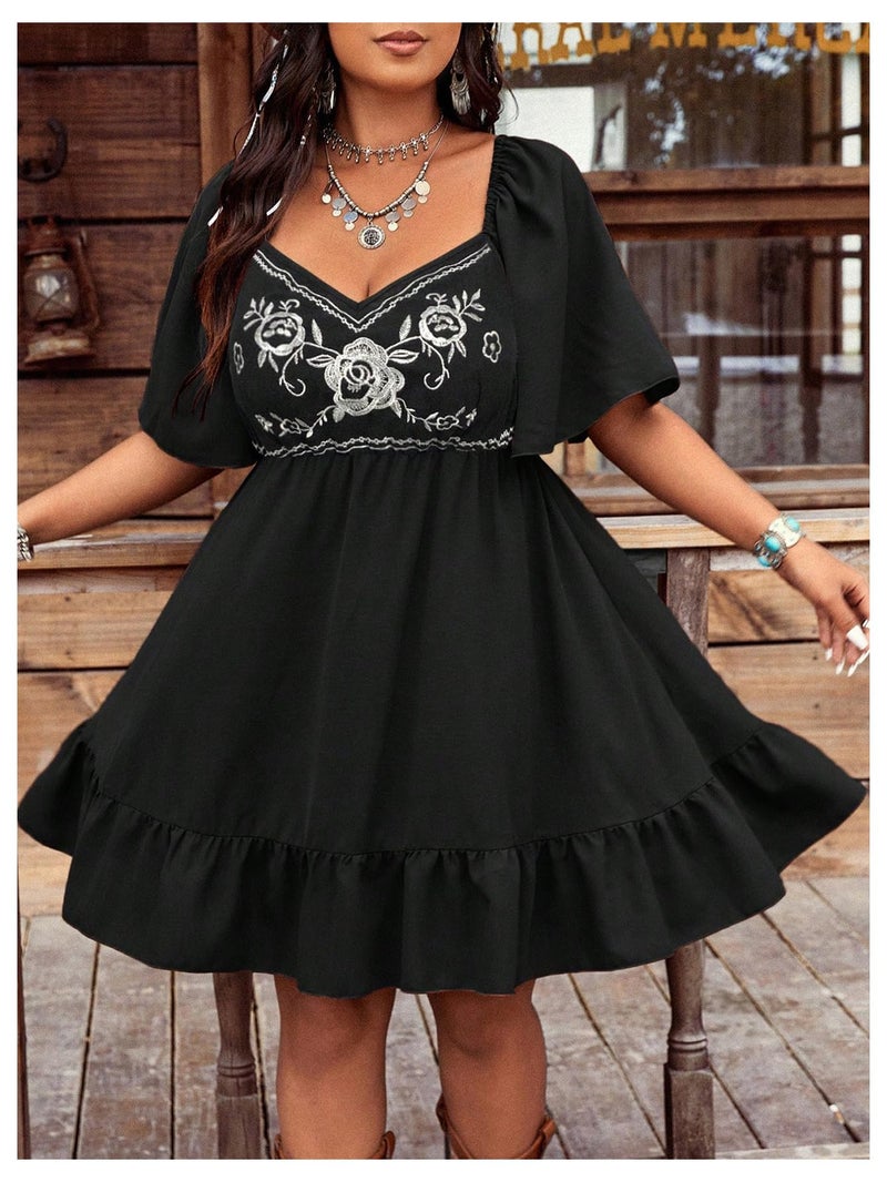 Verdusa Women's Plus Size Western Boho Floral Dress Cowgirl Country Concert Vacation Outfits Flowy Summer Dresses Black White X-Large Plus - Image 3