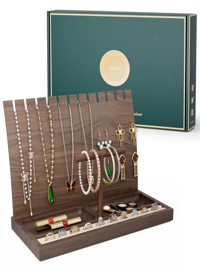Teamkio Wooden Jewelry Organizer, Jewelry Display Stand Necklace Holder for 12 Necklaces, Earring Display Stand with 42 Holes, Wooden T-Bar Bracelets Holder Organizer for Watches Rings Displays - Image 1