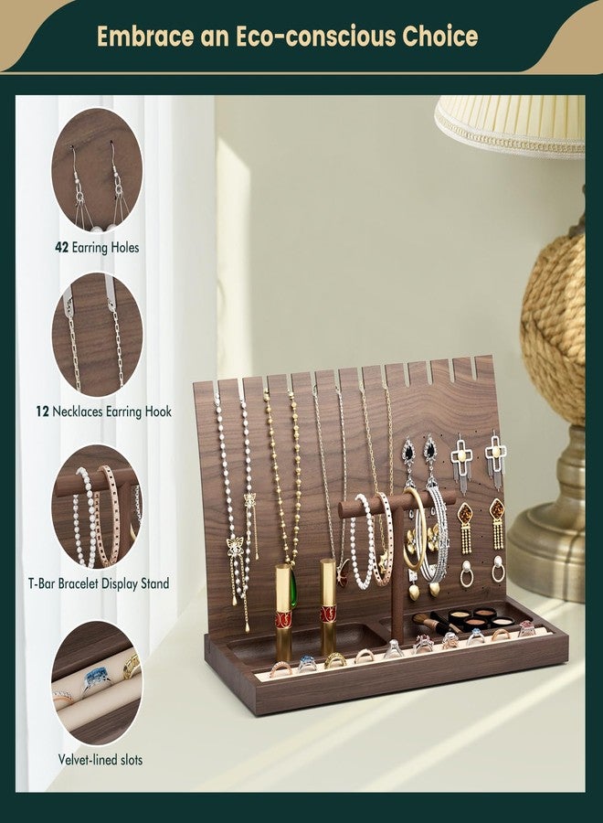 Teamkio Wooden Jewelry Organizer, Jewelry Display Stand Necklace Holder for 12 Necklaces, Earring Display Stand with 42 Holes, Wooden T-Bar Bracelets Holder Organizer for Watches Rings Displays - Image 2