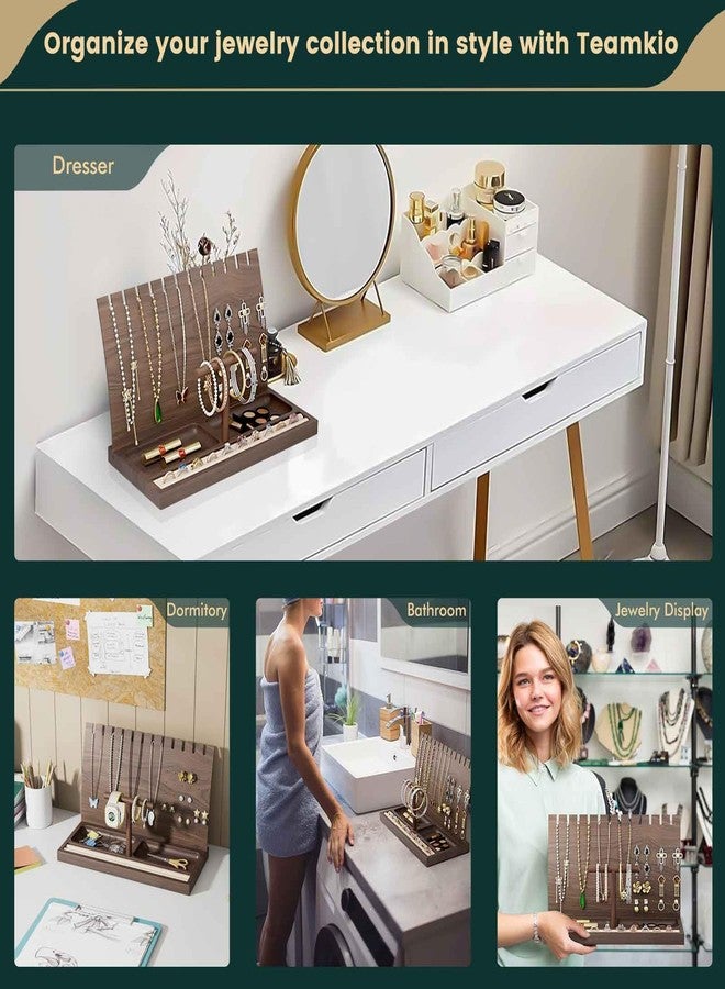 Teamkio Wooden Jewelry Organizer, Jewelry Display Stand Necklace Holder for 12 Necklaces, Earring Display Stand with 42 Holes, Wooden T-Bar Bracelets Holder Organizer for Watches Rings Displays - Image 5