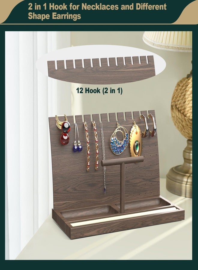 Teamkio Wooden Jewelry Organizer, Jewelry Display Stand Necklace Holder for 12 Necklaces, Earring Display Stand with 42 Holes, Wooden T-Bar Bracelets Holder Organizer for Watches Rings Displays - Image 3