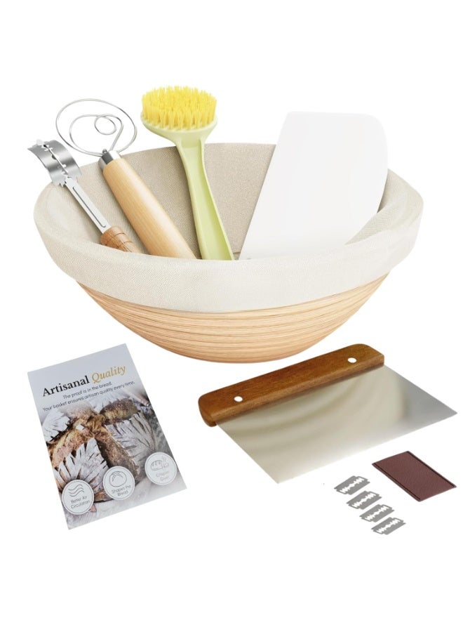 XICEN Bread Proofing Basket, Sourdough Bread Baking Supplies, Round 9 Inch Sourdough Starter Kit, Proofing Basket for Baking, Bread Making Supplies Tools, Banneton Basket Gift Set - Image 1