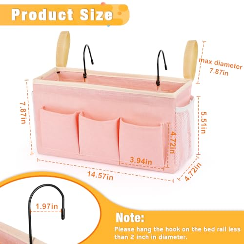 Lilithye Bedside Organizer with Fixed Straps and Water Bottle Holder for Home, College, Dorm, Bunk, Hospital, Crib, Bed Rails - Pink - Image 3