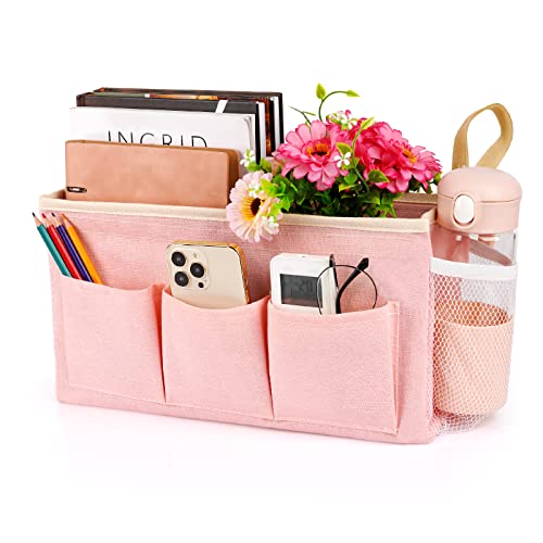 Lilithye Bedside Organizer with Fixed Straps and Water Bottle Holder for Home, College, Dorm, Bunk, Hospital, Crib, Bed Rails - Pink - Image 1