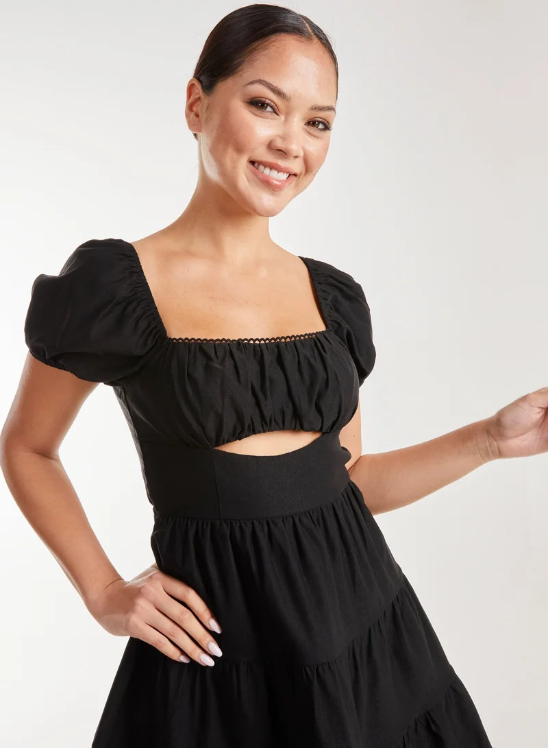Pink Vanilla Puff Sleeve Peekaboo Tiered Mini Dress
