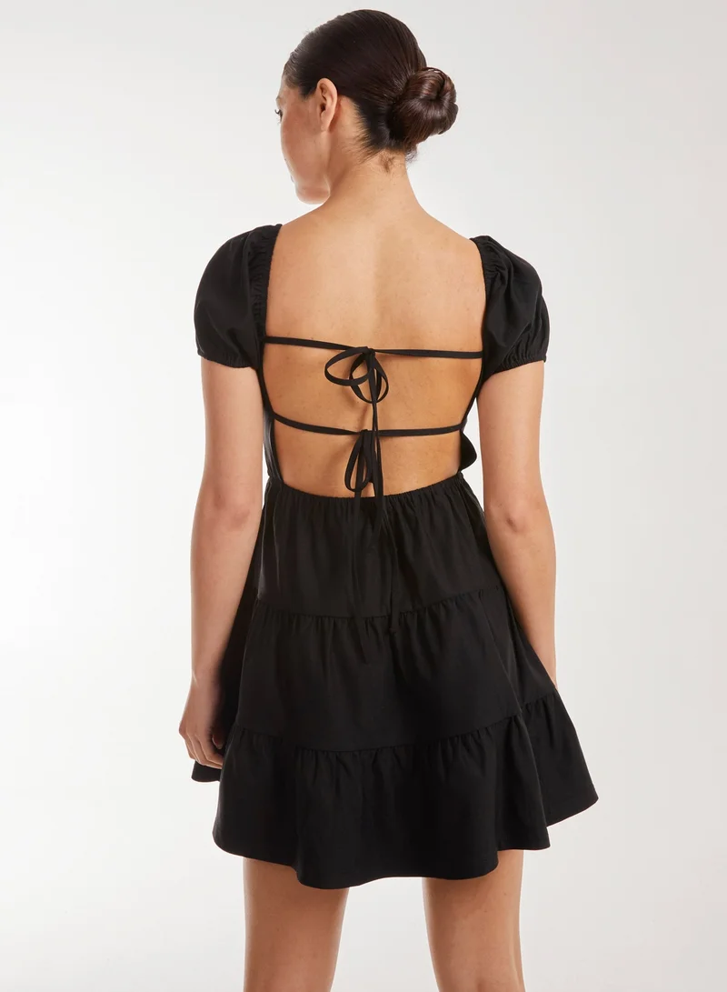 Pink Vanilla Puff Sleeve Peekaboo Tiered Mini Dress