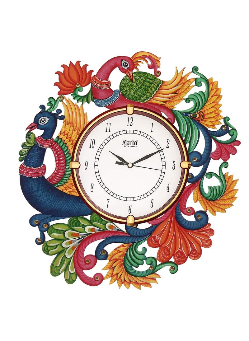 CIRCADIAN - CIRCADIAN Ajanta Wooden Analog Wall Clock Design for Home Hall Living Room Decor Office Kids Bedroom Stylish Ethnic Antique Decorative Multi Red Colour Peacock 36 * 33 cm (Pack of 1) - Image 1