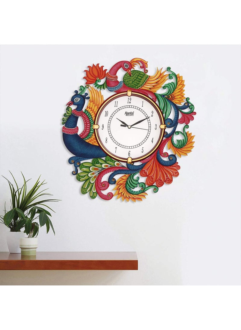 CIRCADIAN - CIRCADIAN Ajanta Wooden Analog Wall Clock Design for Home Hall Living Room Decor Office Kids Bedroom Stylish Ethnic Antique Decorative Multi Red Colour Peacock 36 * 33 cm (Pack of 1) - Image 1