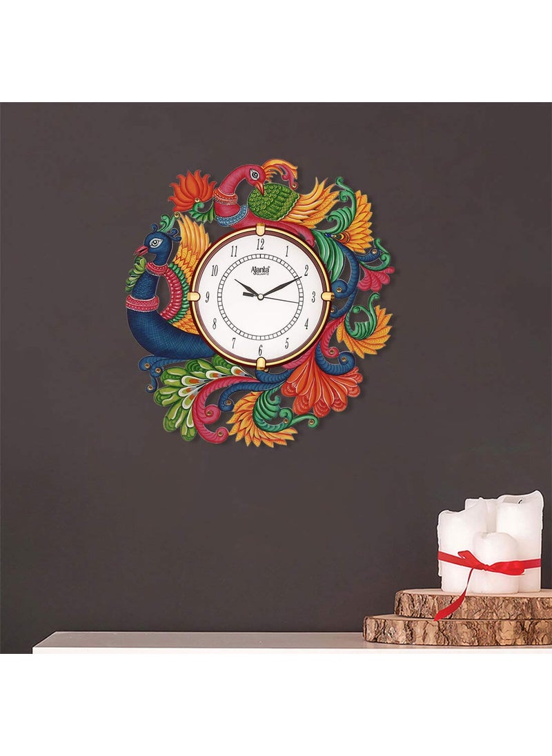 CIRCADIAN - CIRCADIAN Ajanta Wooden Analog Wall Clock Design for Home Hall Living Room Decor Office Kids Bedroom Stylish Ethnic Antique Decorative Multi Red Colour Peacock 36 * 33 cm (Pack of 1) - Image 1