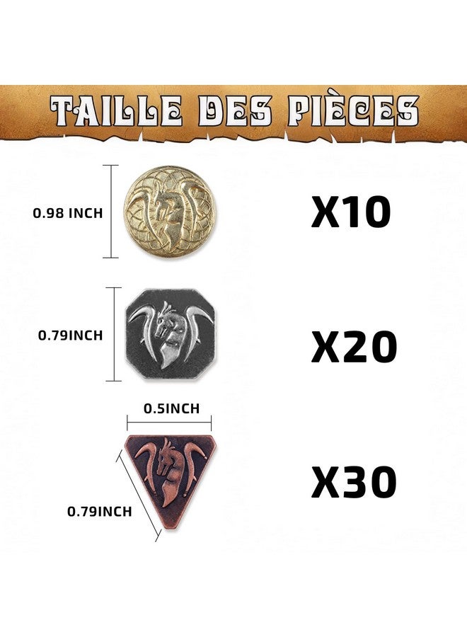 Byhoo 60 PCS DND Coins, Gold, Silver and Copper Coins in Metal Coins, Fantasy Coins for Board Games, Fake Coins for Games Tokens, Role-Playing Coins of Dungeons and Dragons - Image 2