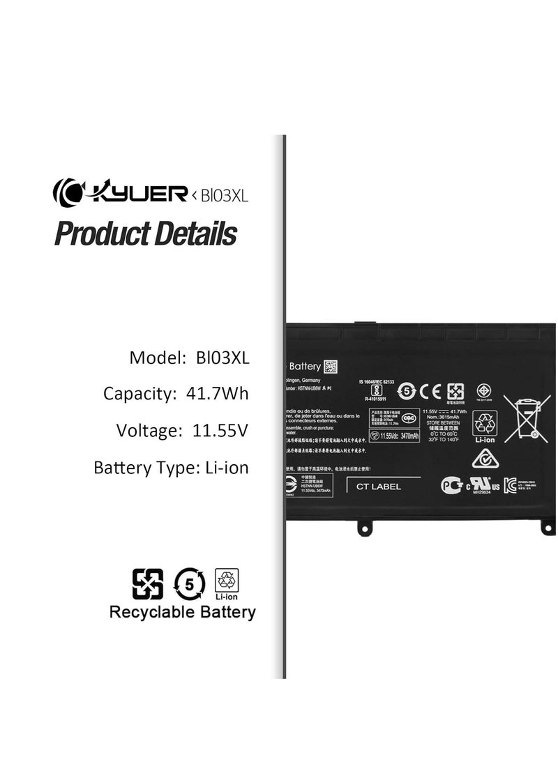 Generic - BI03XL Battery for HP ProBook X360 11 G1 G2 EE Pavilion X360 13-u Stream 14-ax0xx 14-cb0xx 14-ds0xxx 14-ax005nf 14-ax014nl 14-ax011nl 14-dl S000 01nf 14-ds0004nl 13-u102ng 13-u105ns 13-u001nl - Image 1