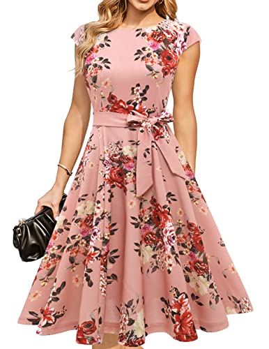 DRESSTELLS Cocktail Dress, Formal Wedding Guest Dresses for Women, Vintage Tea Party Holiday Dress, Aline Modest Church Dress Blush Flower L - Image 1