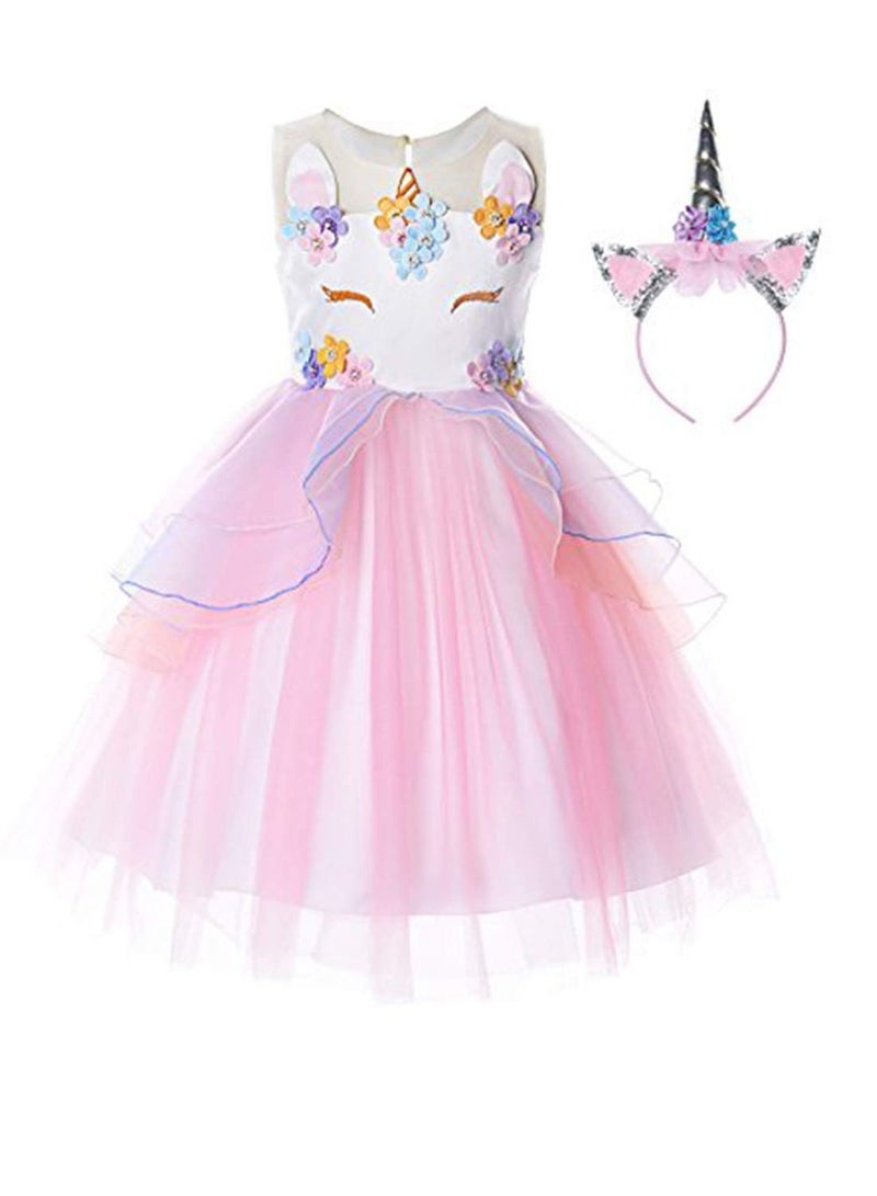 Unicorn Tutu Dress for Girls 3D Flower Princess Party Costume with Headband, XL - Image 1