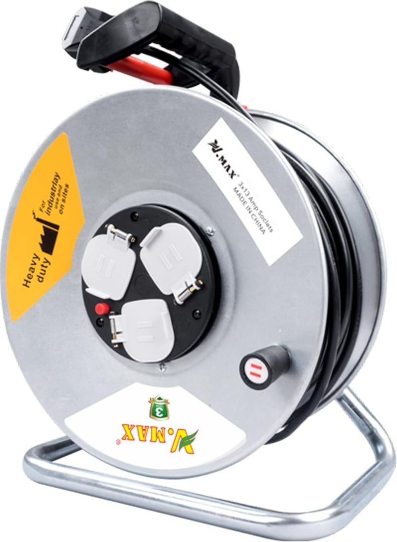 Vmax V.MAX 3 Socket Open Cable Reel Extension Lead with Winding Handle | Thermal Cut Out and Power Switch 25 Metres High Visibility Cable Reel sliver (3 * 1.5MM sq. 25M) - Image 1