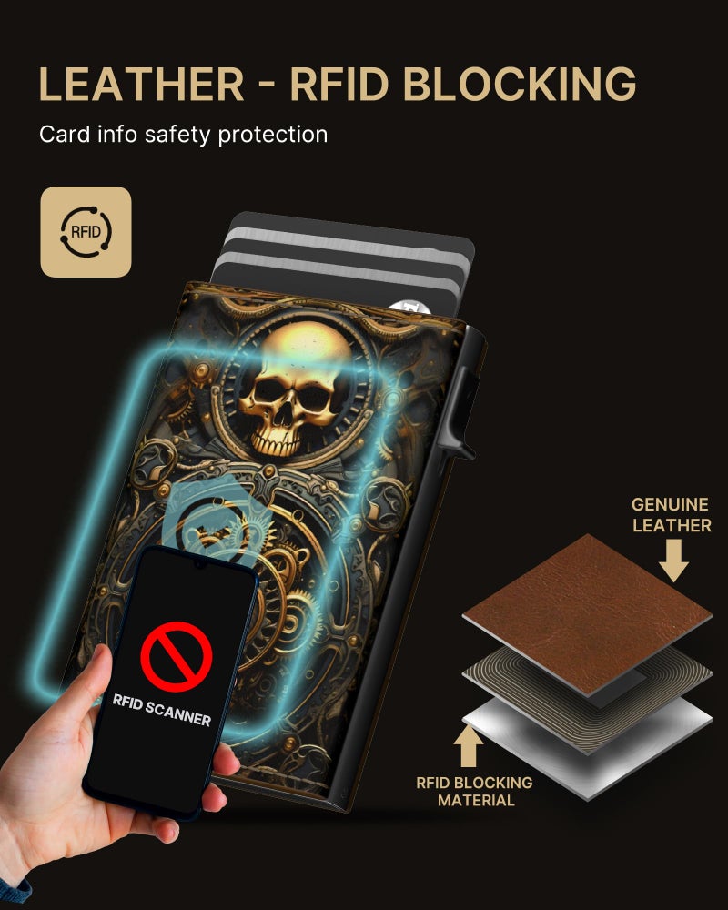 typecase Mens Wallet Card Holder: Pop Up Aluminum Case, Carbon Fiber Leather, Smart, RFID Blocking, Slim, Minimalist, Front Pocket - 9-14 Card Capacity | ID Window | Cash Slot (Skull) - Image 5