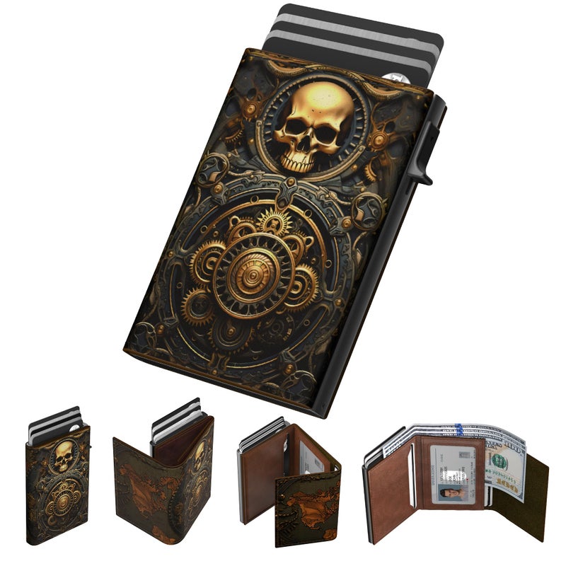 typecase Mens Wallet Card Holder: Pop Up Aluminum Case, Carbon Fiber Leather, Smart, RFID Blocking, Slim, Minimalist, Front Pocket - 9-14 Card Capacity | ID Window | Cash Slot (Skull) - Image 1
