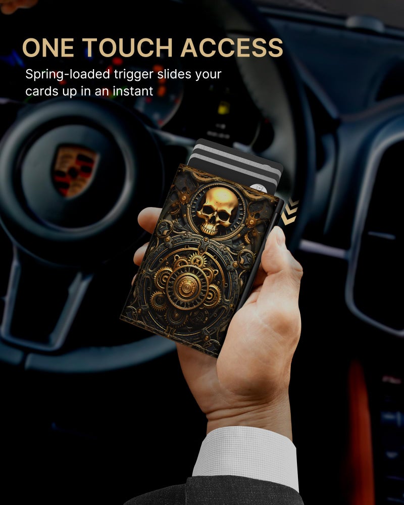 typecase Mens Wallet Card Holder: Pop Up Aluminum Case, Carbon Fiber Leather, Smart, RFID Blocking, Slim, Minimalist, Front Pocket - 9-14 Card Capacity | ID Window | Cash Slot (Skull) - Image 3
