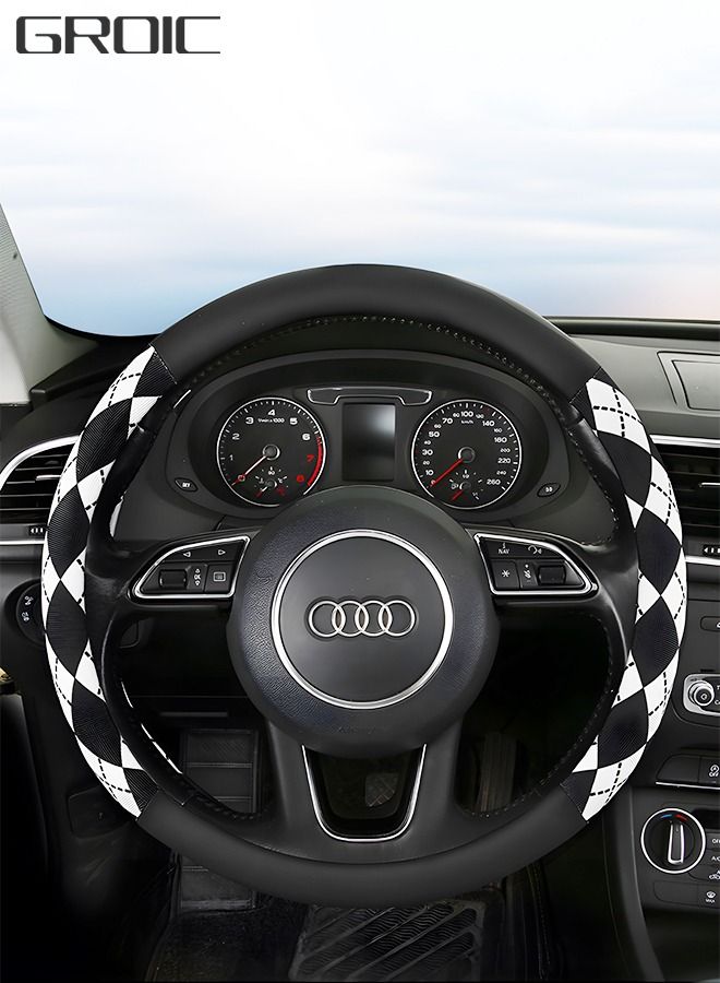 Soft Leather Steering Wheel Cover 15 Inch, Ice Silk Anti-skid Plaid Pattern, Auto Elastic Steering Wheel Protector, Soft Interior Accessories for Most Cars Universal Car Steering Wheel