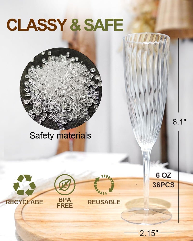 Walee Koky Plastic Champagne Flutes, 36 PCS Clear Disposable Wine Glasses Reusable Plastic Cocktail Cups for Home Daily Life Party Birthday Wedding Toasting Drinking Champagne(6 oz) - Image 4