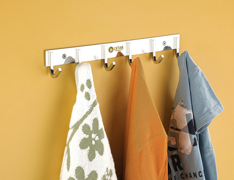 iSTAR 6 Pin Stainless Steel Premium Bathroom Cloth Hooks Hanger Wall Bedroom Bathroom Robe Hooks Rail for Hanging Keys,Clothes,Towel Steel Hook Square (Silver) Pack of 2 - Image 4