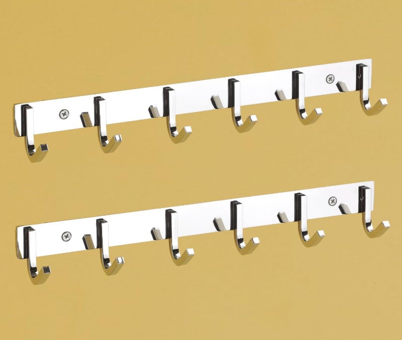 iSTAR 6 Pin Stainless Steel Premium Bathroom Cloth Hooks Hanger Wall Bedroom Bathroom Robe Hooks Rail for Hanging Keys,Clothes,Towel Steel Hook Square (Silver) Pack of 2 - Image 1