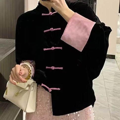 New Chinese style Tang suit black button shirt womens spring and autumn coat shirt spring 2024 new small shirt tide Black