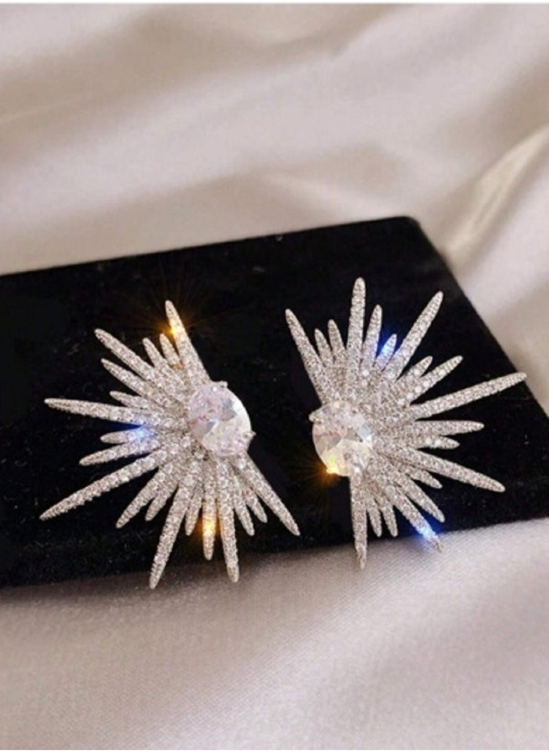 Shein - 1pair Sparkling Wing - Shaped Earrings Full Of Rhinestone For Women, Elegant And Unique Bridal Wedding Earrings, Lightweight Statement Earrings For Prom, Party - Image 1