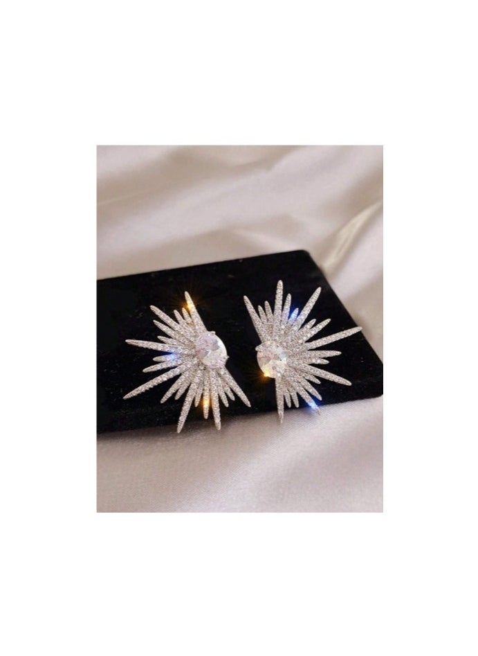 Shein - 1pair Sparkling Wing - Shaped Earrings Full Of Rhinestone For Women, Elegant And Unique Bridal Wedding Earrings, Lightweight Statement Earrings For Prom, Party - Image 1
