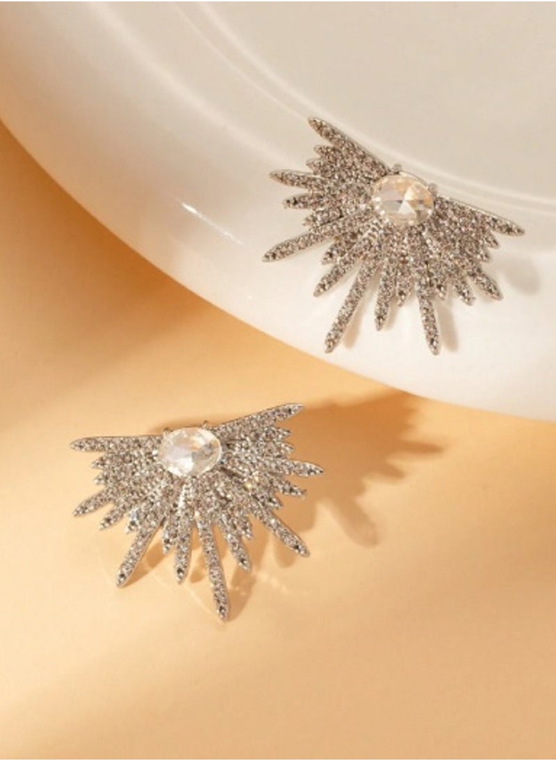 Shein - 1pair Sparkling Wing - Shaped Earrings Full Of Rhinestone For Women, Elegant And Unique Bridal Wedding Earrings, Lightweight Statement Earrings For Prom, Party - Image 1