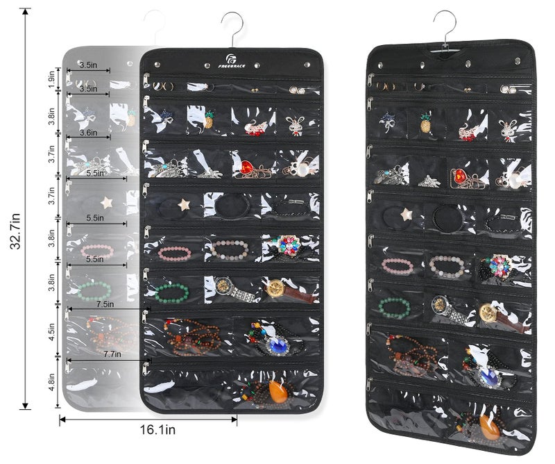 Freegrace Hanging Jewelry Organizer Revolving Hanger - Secure Zipper Closure - 50 Pockets - Foldable Storage & Display Solution - For All Jewelry & Bijoux (Black)
