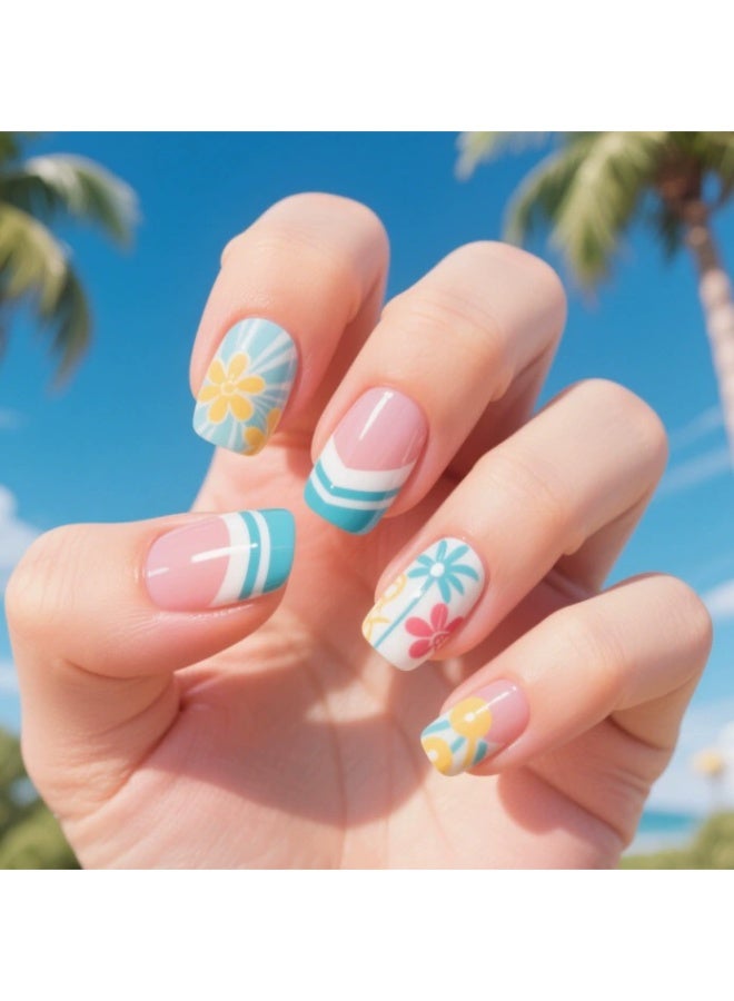 Goolsky أظافر ضغط مربعة قصيرة فاخرة مع فرنسي أزرق وزهور هاواي لنضارة استوائية - Image 1