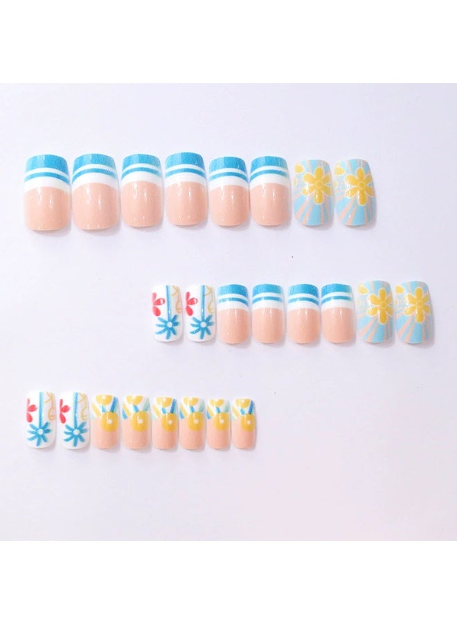 Goolsky أظافر ضغط مربعة قصيرة فاخرة مع فرنسي أزرق وزهور هاواي لنضارة استوائية - Image 2