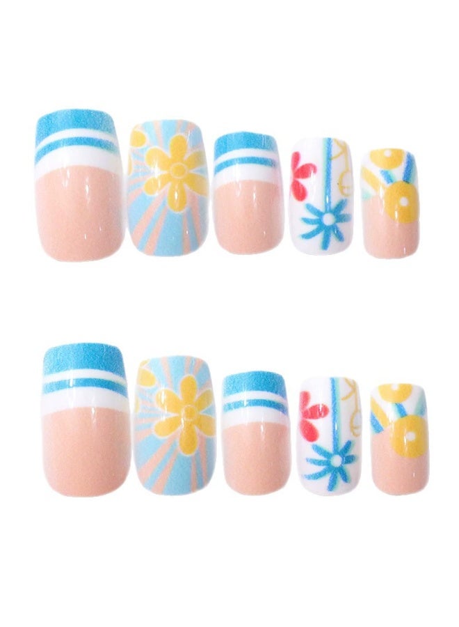 Goolsky أظافر ضغط مربعة قصيرة فاخرة مع فرنسي أزرق وزهور هاواي لنضارة استوائية - Image 4