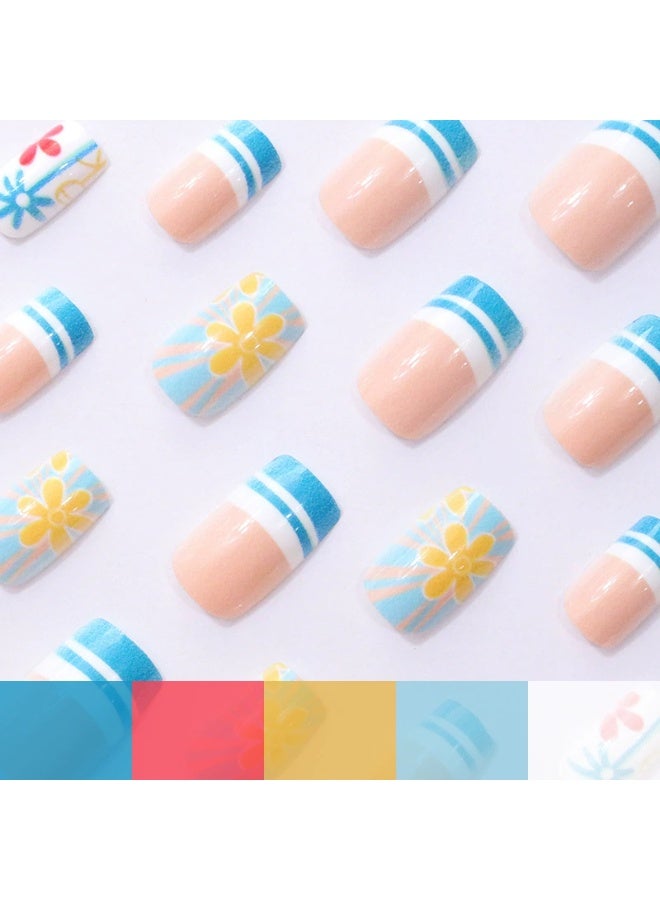 Goolsky أظافر ضغط مربعة قصيرة فاخرة مع فرنسي أزرق وزهور هاواي لنضارة استوائية - Image 3