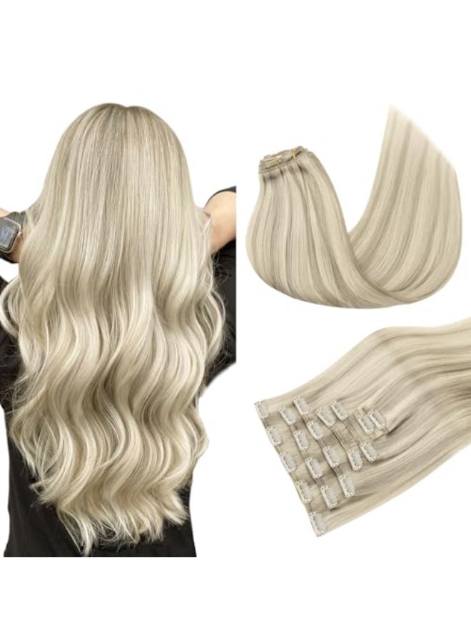 MAXITA Clip in Hair Extensions Real Human Hair Remy Human Hair Clip in Extensions for Women Natural Human Hair 14inch 120g 7Pcs Balayage Ash Blonde Highlighted Platinum Blonde