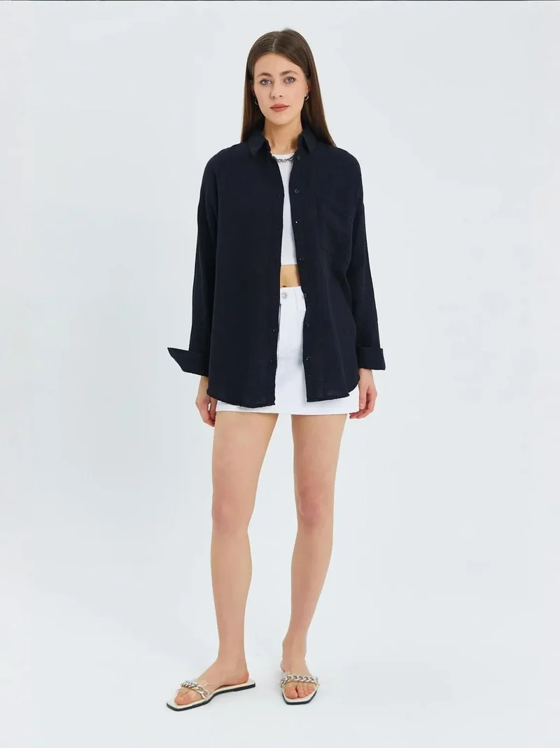 MixRay Black Mixray Oversize Shirt with Pocket Detail for Women | Best Price UAE
