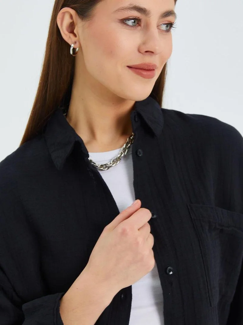 Mixray Black Mixray Oversize Shirt with Pocket Detail for Women | Best Price UAE