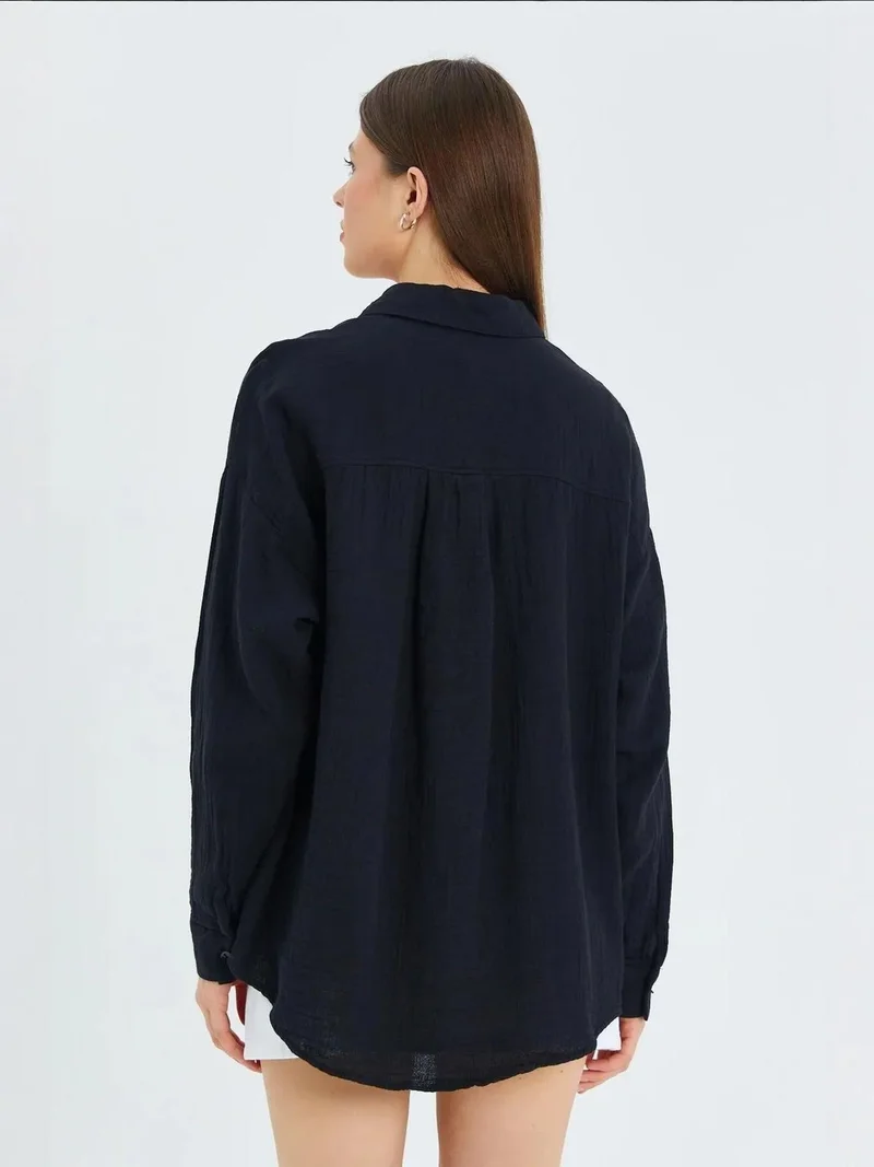 Mixray Black Mixray Oversize Shirt with Pocket Detail for Women | Best Price UAE