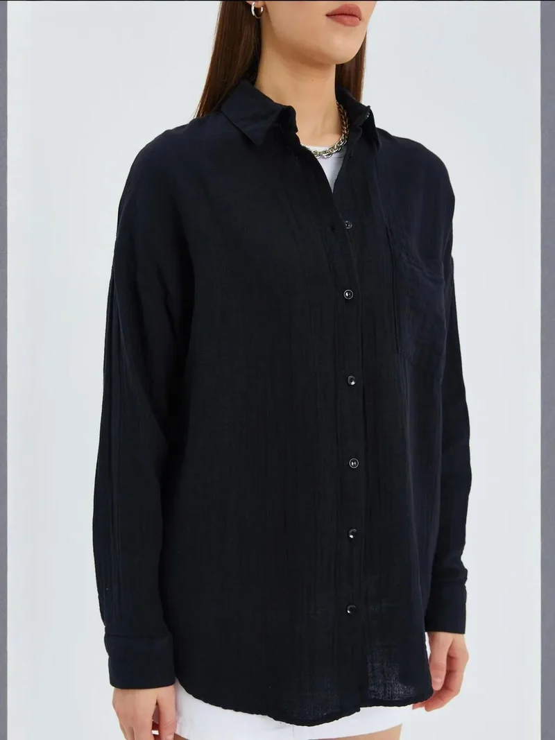 Mixray Black Mixray Oversize Shirt with Pocket Detail for Women | Best Price UAE
