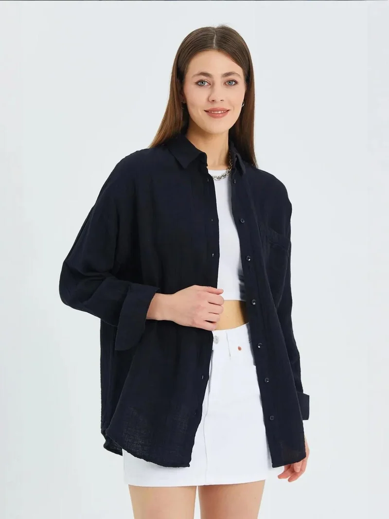Mixray Black Mixray Oversize Shirt with Pocket Detail for Women | Best Price UAE